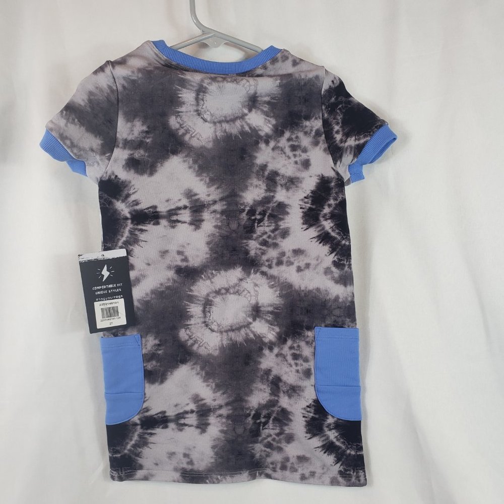 New, RAGS Black and Gray Short Sleeve Tie-Dyed Shift Dress with Blue Trim - Picture 3 of 8